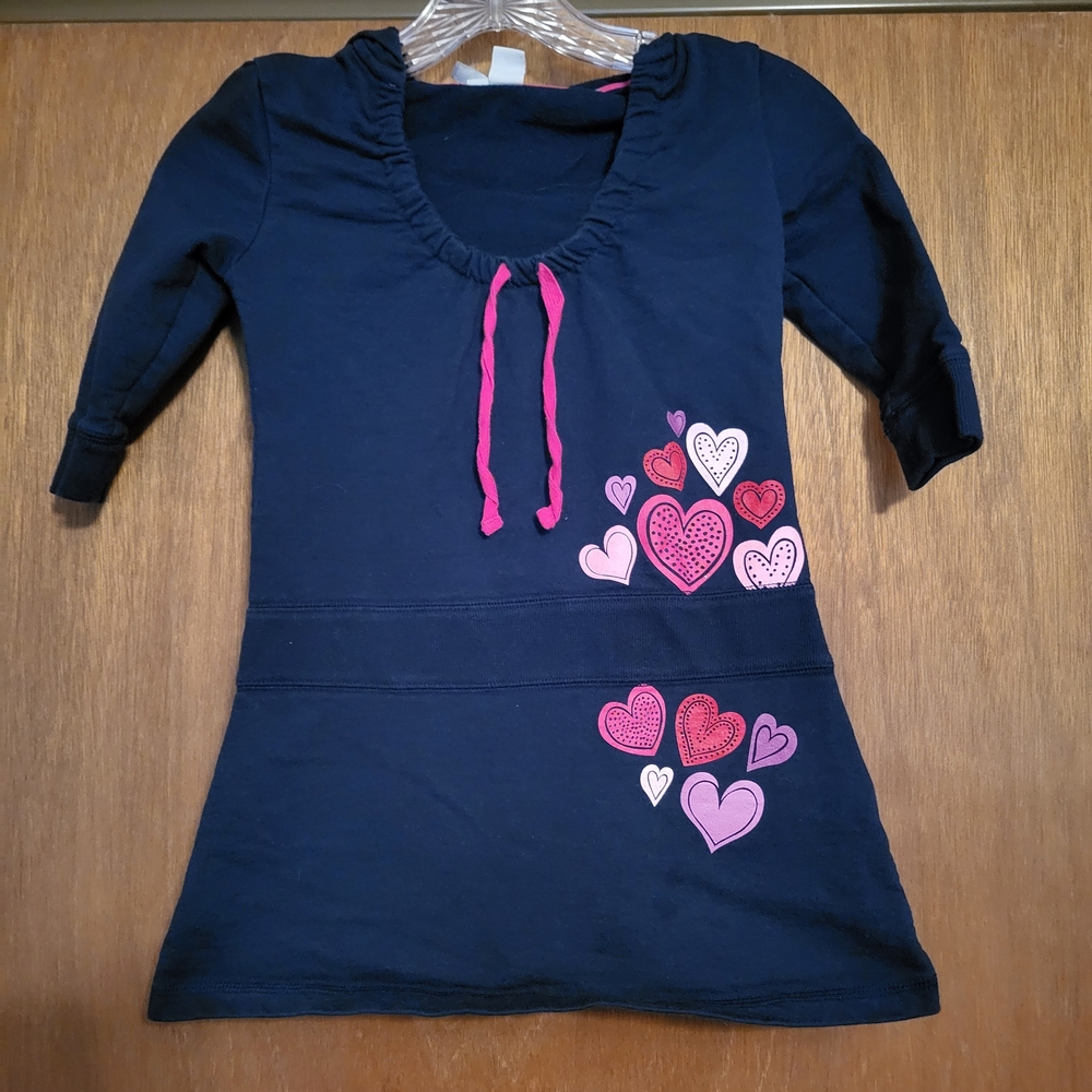 Old Navy Hooded Blue Sweatshirt Dress with Heart Patterns, Girls 6-7